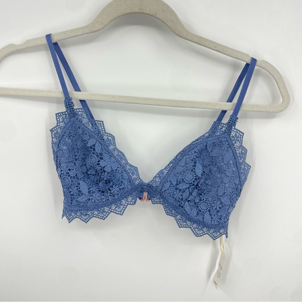 Aerie Floral Lace Triangle Bralette Periwinkle Blue Gold Side Ring Size S‎